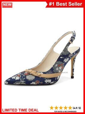 Eldof Women's High Slingback Heels Beaded Pumps Pointed Toe Stiletto 3.5 Inch
